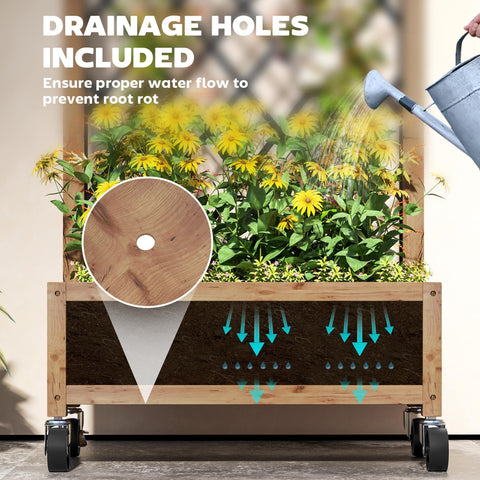 Outsunny wooden planter with metal trellis brown black showing drainage holes and wheels for easy mobility