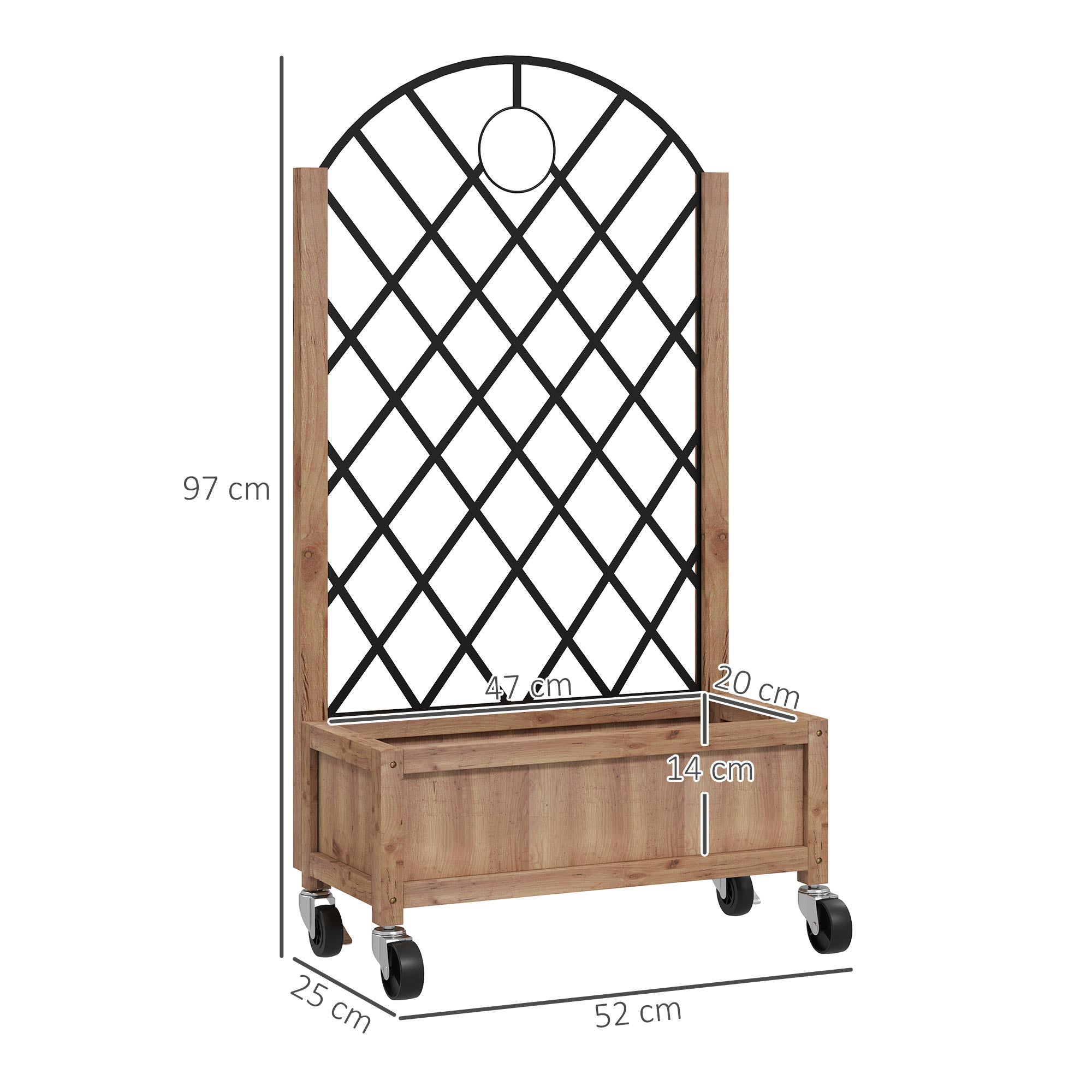 Outsunny wooden planter with brown wood, black metal lattice top, and wheels for easy garden mobility