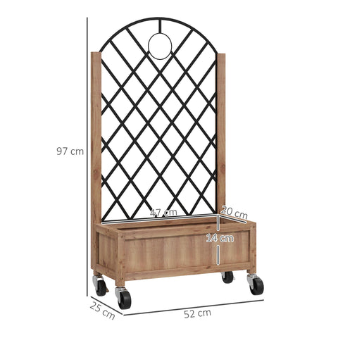 Outsunny wooden planter with brown wood, black metal lattice top, and wheels for easy garden mobility