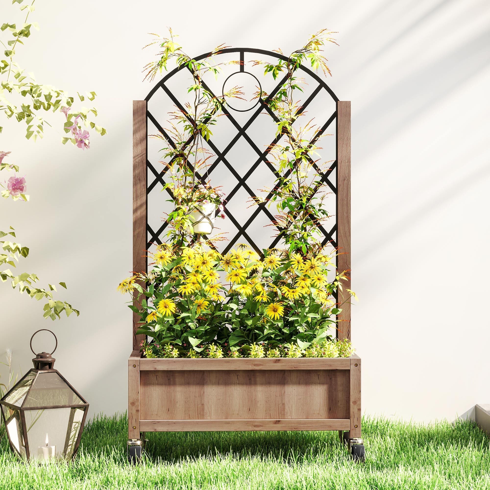 Outsunny wooden planter with black metal lattice trellis arched top and wheeled brown wooden planter base