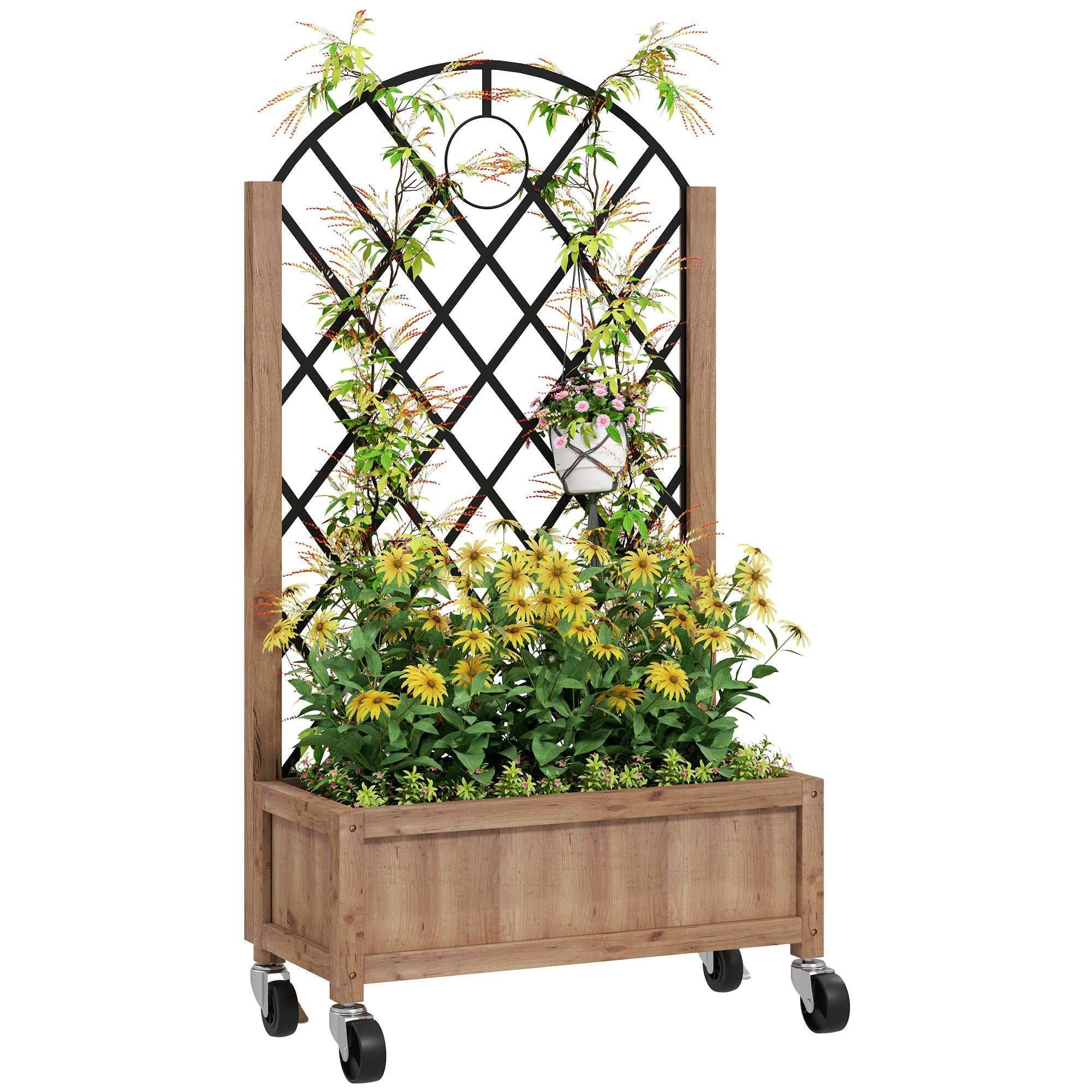 Outsunny wooden planter with black metal trellis and wheels featuring yellow flowers and green foliage in brown and black