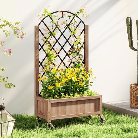 Outsunny wooden planter with black metal trellis and wheels featuring a brown rectangular base filled with yellow flowers