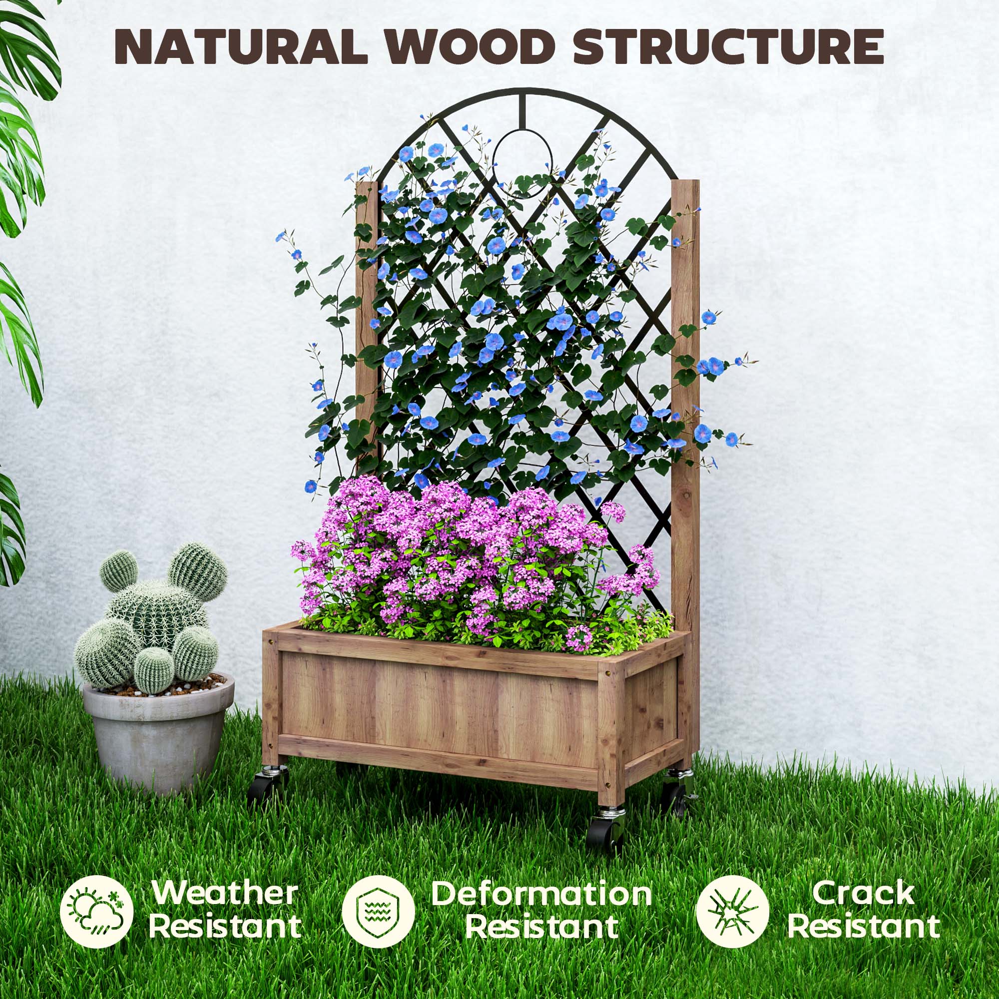 Outsunny wooden planter with metal trellis features a natural wood finish, arched lattice top, black frame, and casters