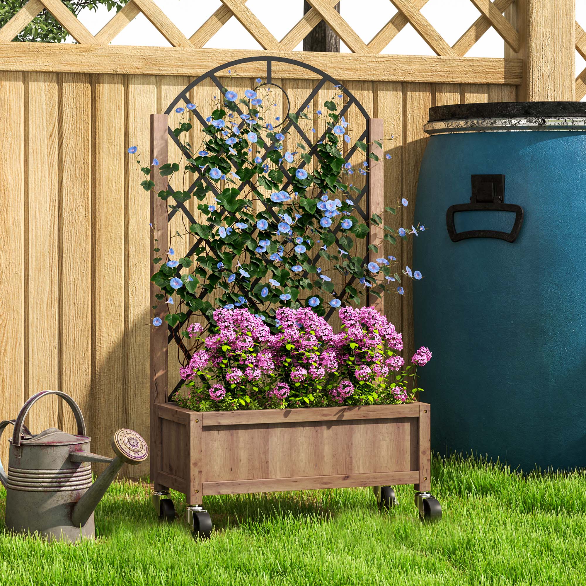 Outsunny wooden planter in brown with black metal trellis and wheels holding purple and blue flowering vines
