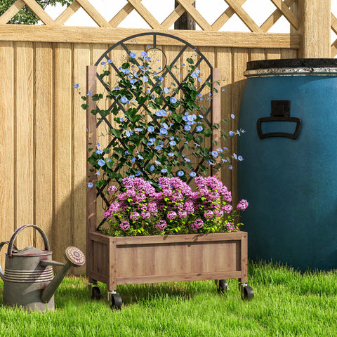 Outsunny wooden planter in brown with black metal trellis and wheels holding purple and blue flowering vines
