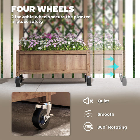 Outsunny wooden planter with metal trellis in brown and black featuring four black 360-degree rotating wheels for easy mobility