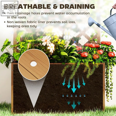 Rectangular natural wood garden bed with drainage holes and fabric liner for breathable outdoor planting