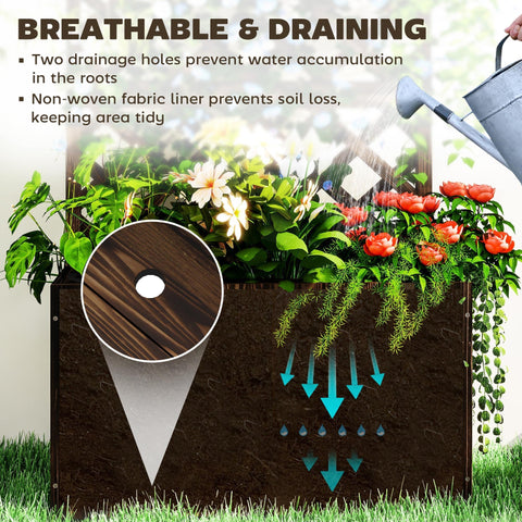 Dark brown outsunny wooden planter with non-woven fabric liner and drainage holes for breathable garden bed use