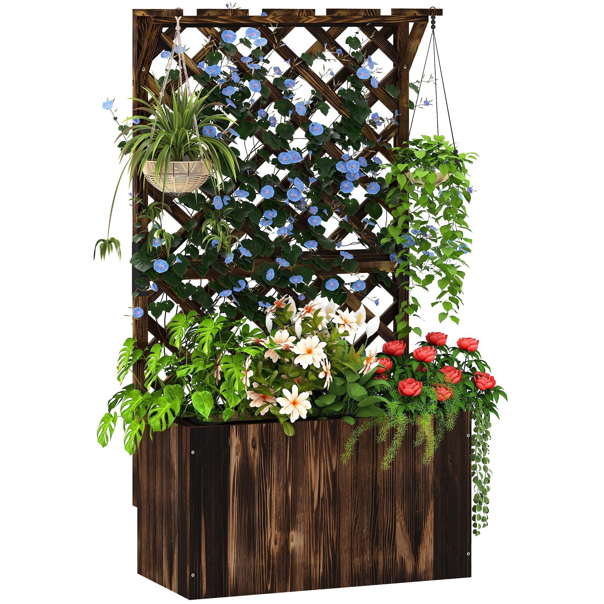 Dark brown carbonised outsunny wooden planter with trellis lattice design and drainage holes for herbs and flowers