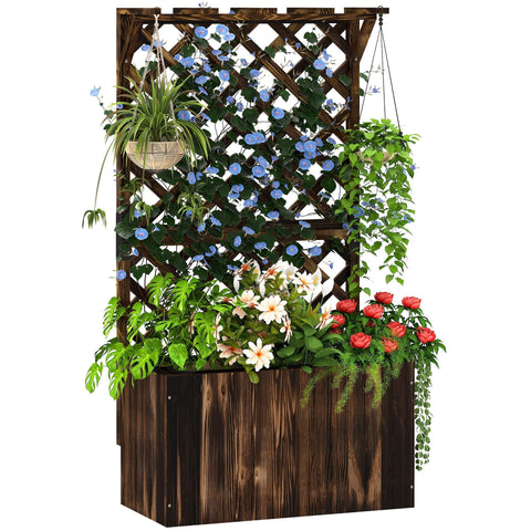 Dark brown carbonised outsunny wooden planter with trellis lattice design and drainage holes for herbs and flowers