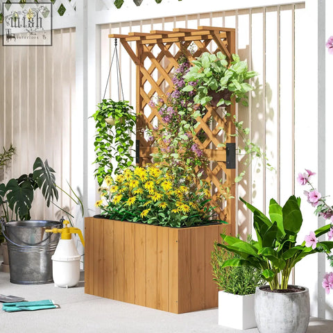 Outsunny wooden planter with trellis and drainage holes made of natural wood garden bed for herbs and flowers