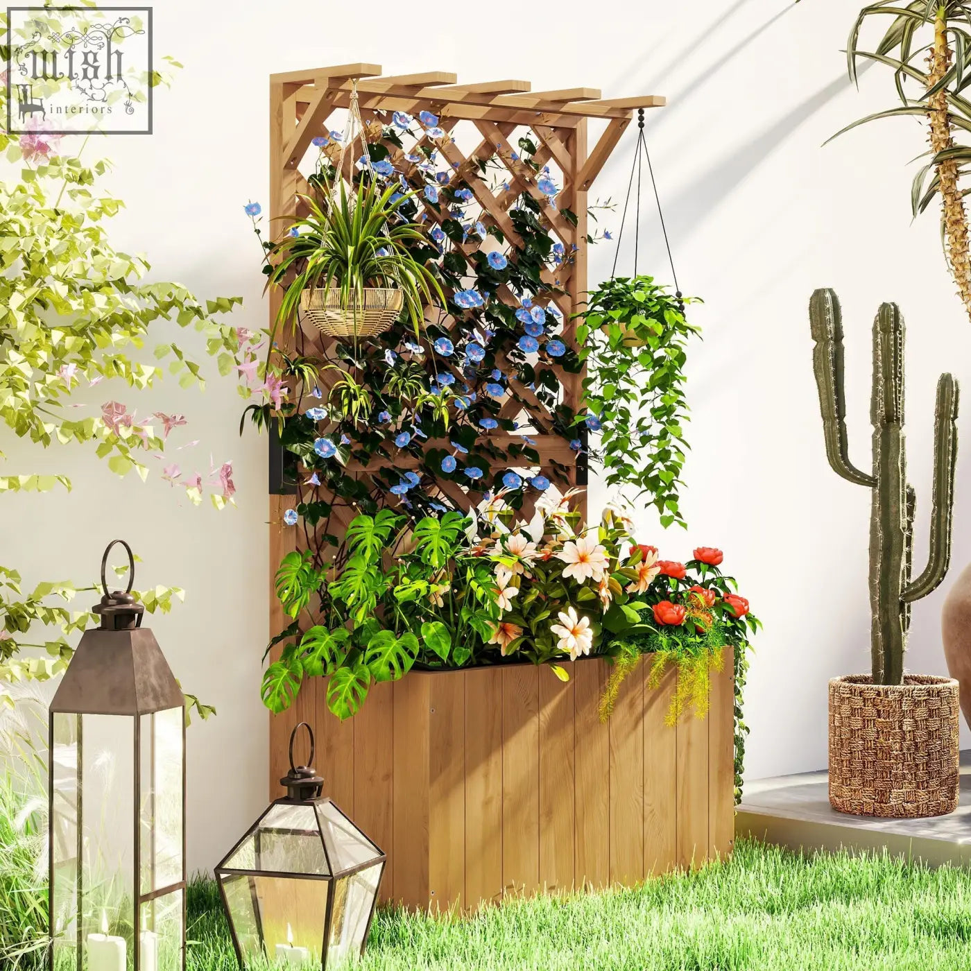 Outsunny natural wood wooden planter with trellis featuring drainage holes and lush hanging plants in a garden bed
