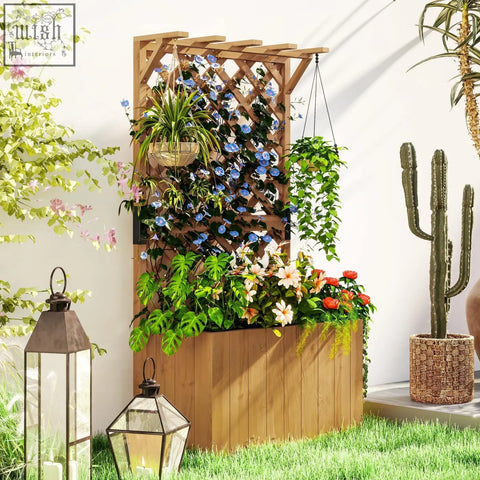 Outsunny natural wood wooden planter with trellis featuring drainage holes and lush hanging plants in a garden bed
