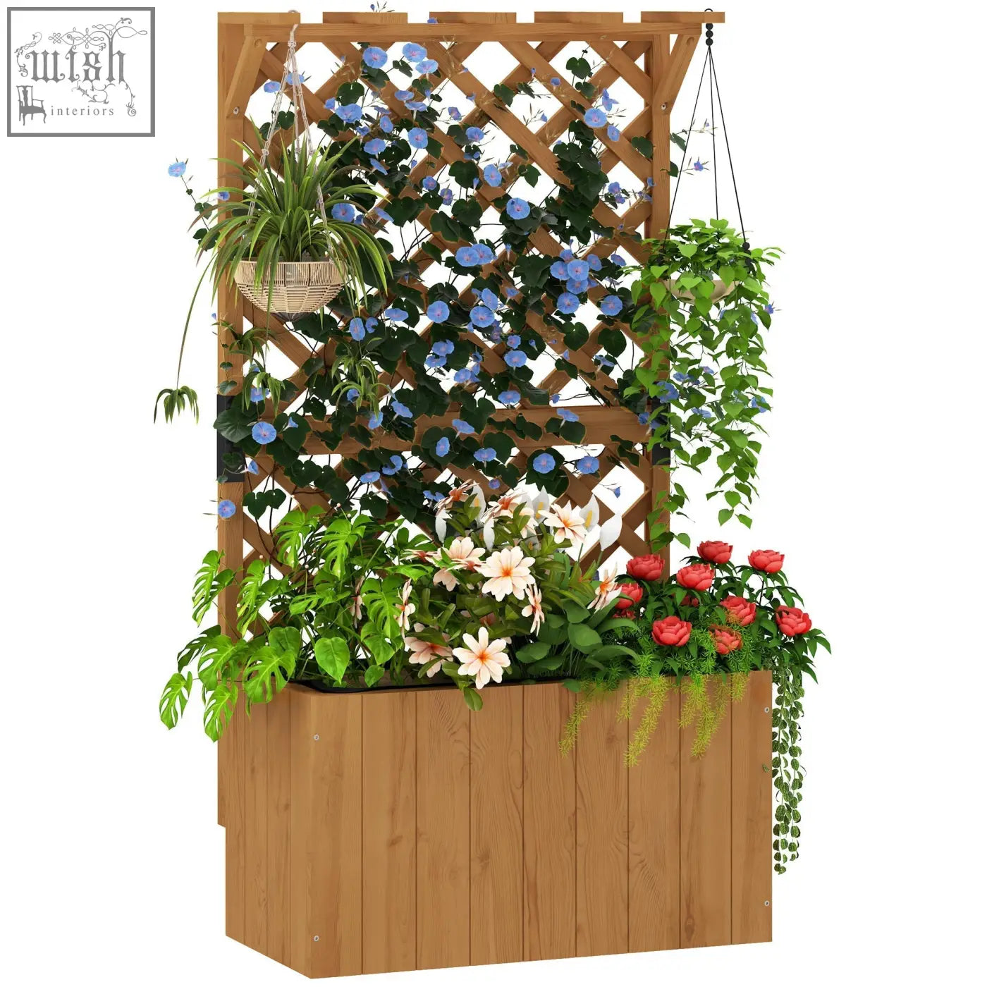Outsunny natural wood wooden planter with trellis garden bed featuring drainage holes and climbing blue flowers and roses