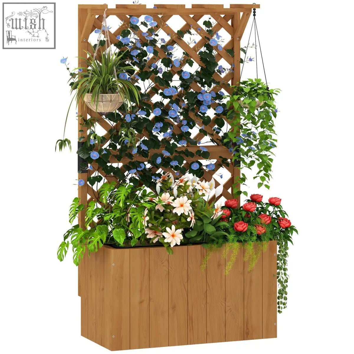 Outsunny natural wood wooden planter with trellis garden bed featuring drainage holes and climbing blue flowers and roses