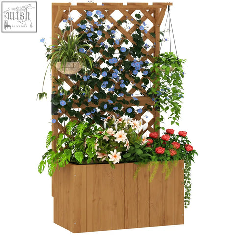 Outsunny natural wood wooden planter with trellis garden bed featuring drainage holes and climbing blue flowers and roses