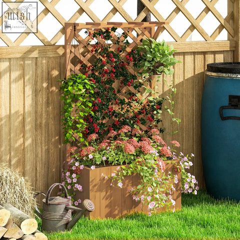 Outsunny wooden planter with trellis featuring natural wood, drainage holes, and a garden bed with climbing vines and flowers