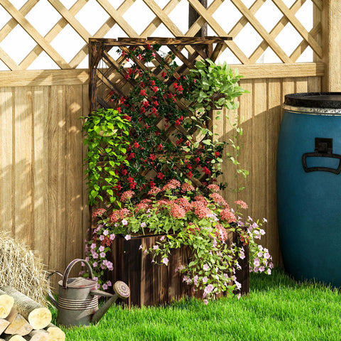 Dark brown outsunny wooden planter with trellis features drainage holes and raised garden bed for flowers and herbs