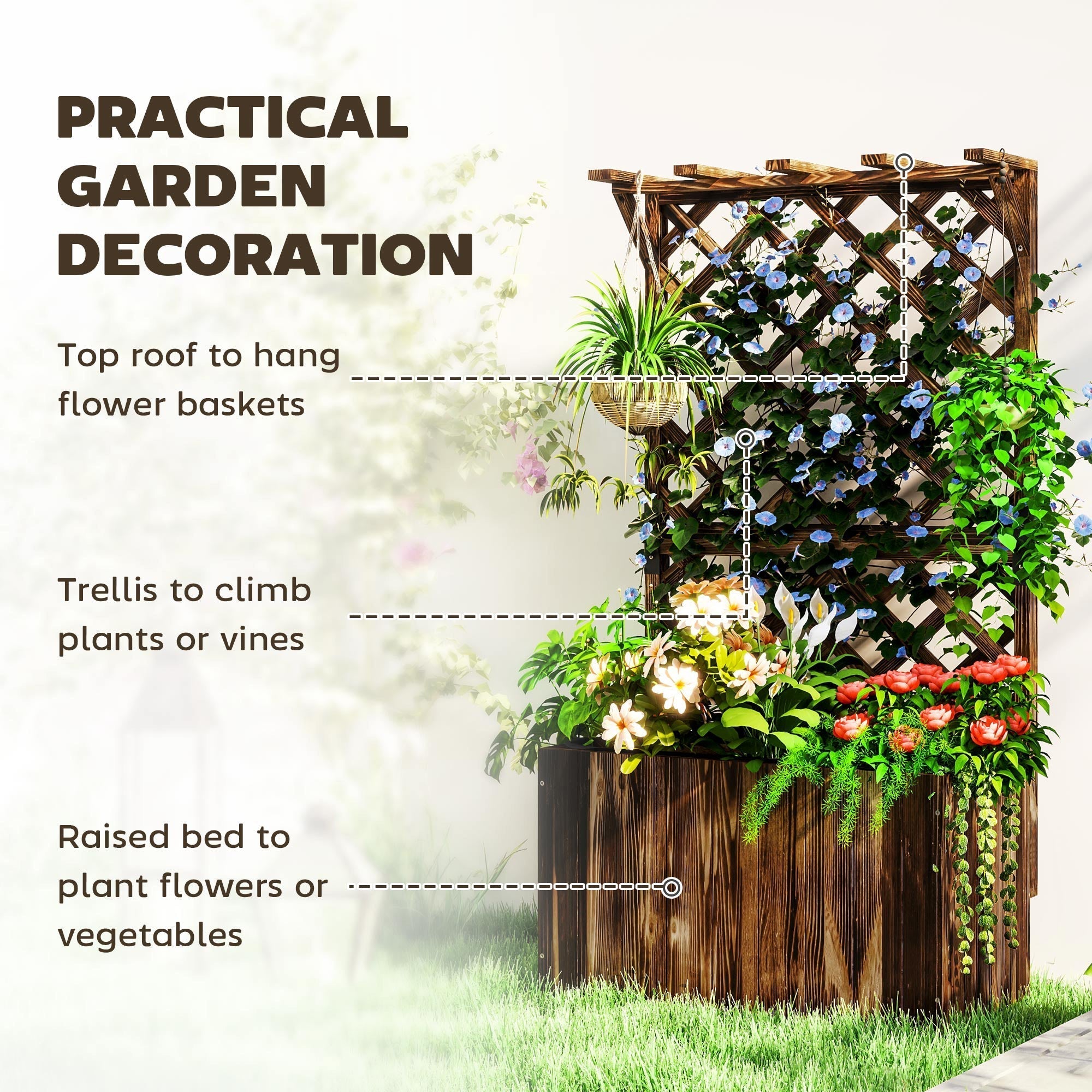 Outsunny wooden planter with trellis in carbonised wood featuring drainage holes and a raised garden bed for herbs and veggies