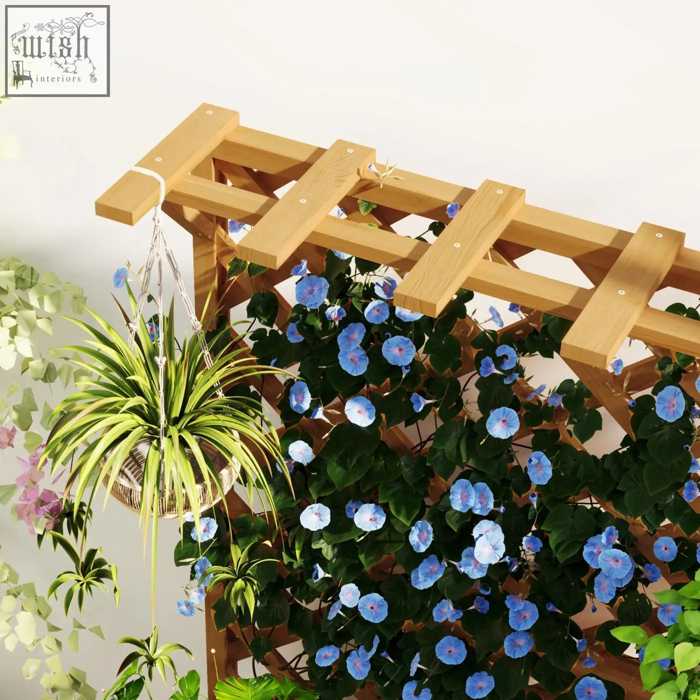 Light brown natural wood outsunny wooden garden bed with trellis and drainage holes holding blue morning glories