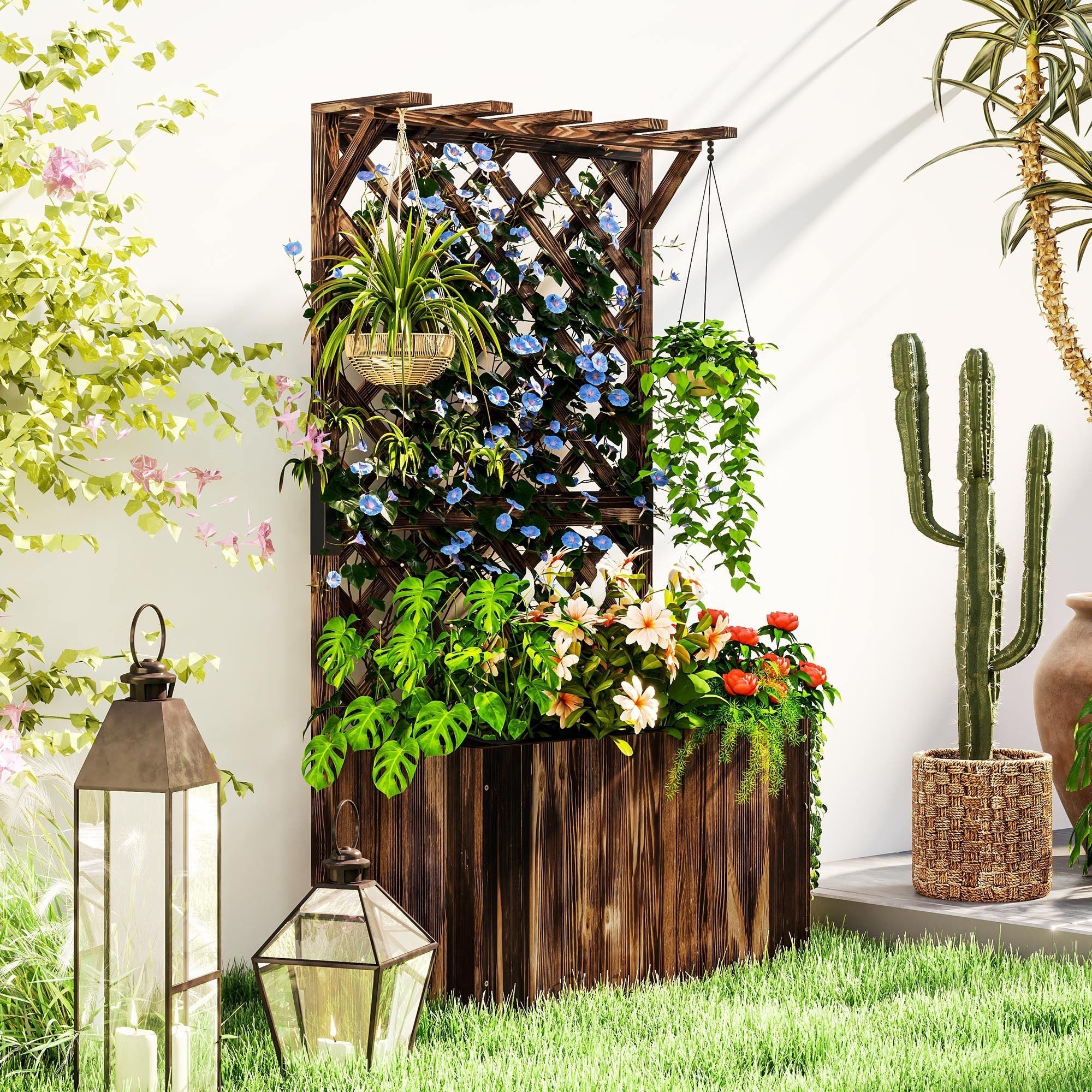 Dark brown outsunny wooden planter with trellis garden bed featuring drainage holes and hanging planters for outdoor use