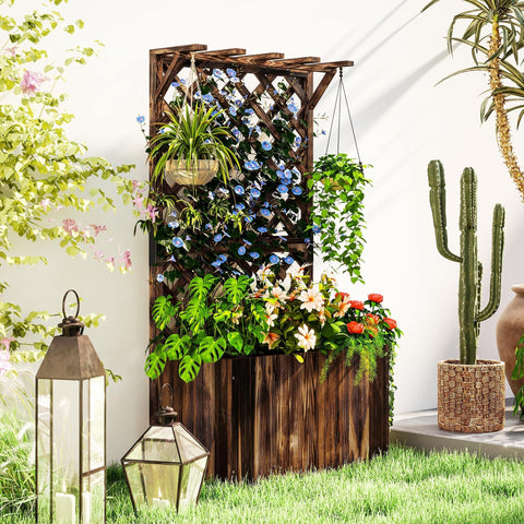 Dark brown outsunny wooden planter with trellis garden bed featuring drainage holes and hanging planters for outdoor use