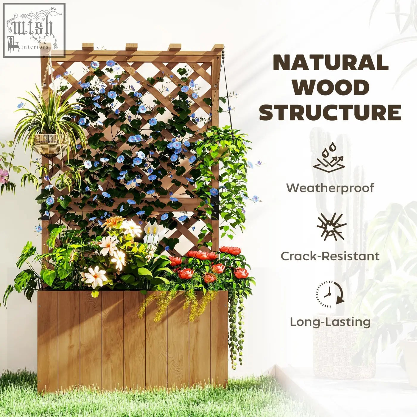 Outsunny wooden planter with trellis featuring natural wood, drainage holes, and a garden bed with colorful flowers