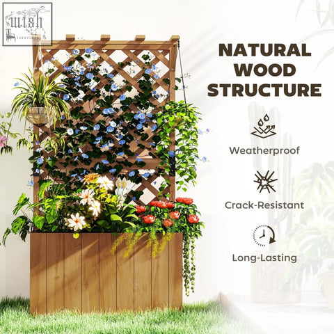 Outsunny wooden planter with trellis featuring natural wood, drainage holes, and a garden bed with colorful flowers