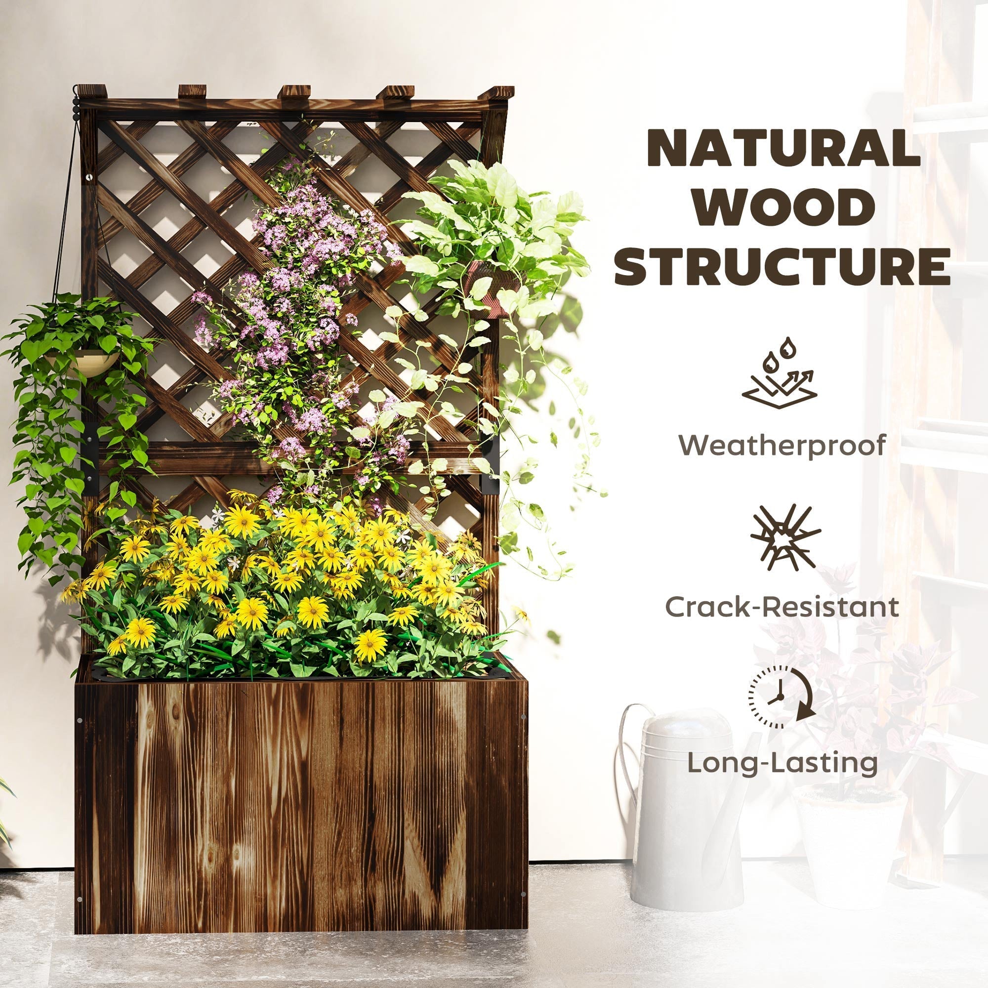 Dark brown outsunny wooden planter with trellis features lattice design and drainage holes for raised garden bed use