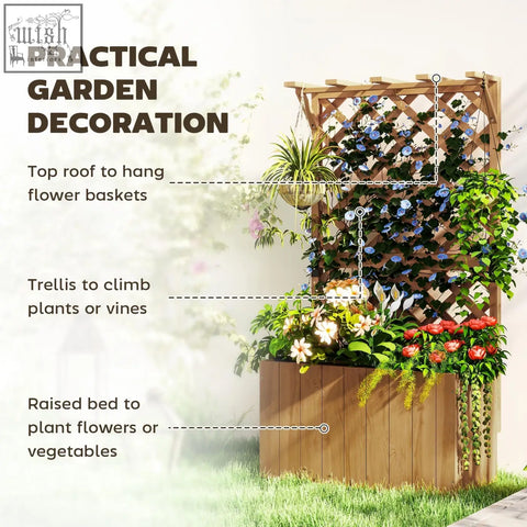 Outsunny wooden garden bed with natural wood lattice trellis, drainage holes, and raised planter for herbs and flowers