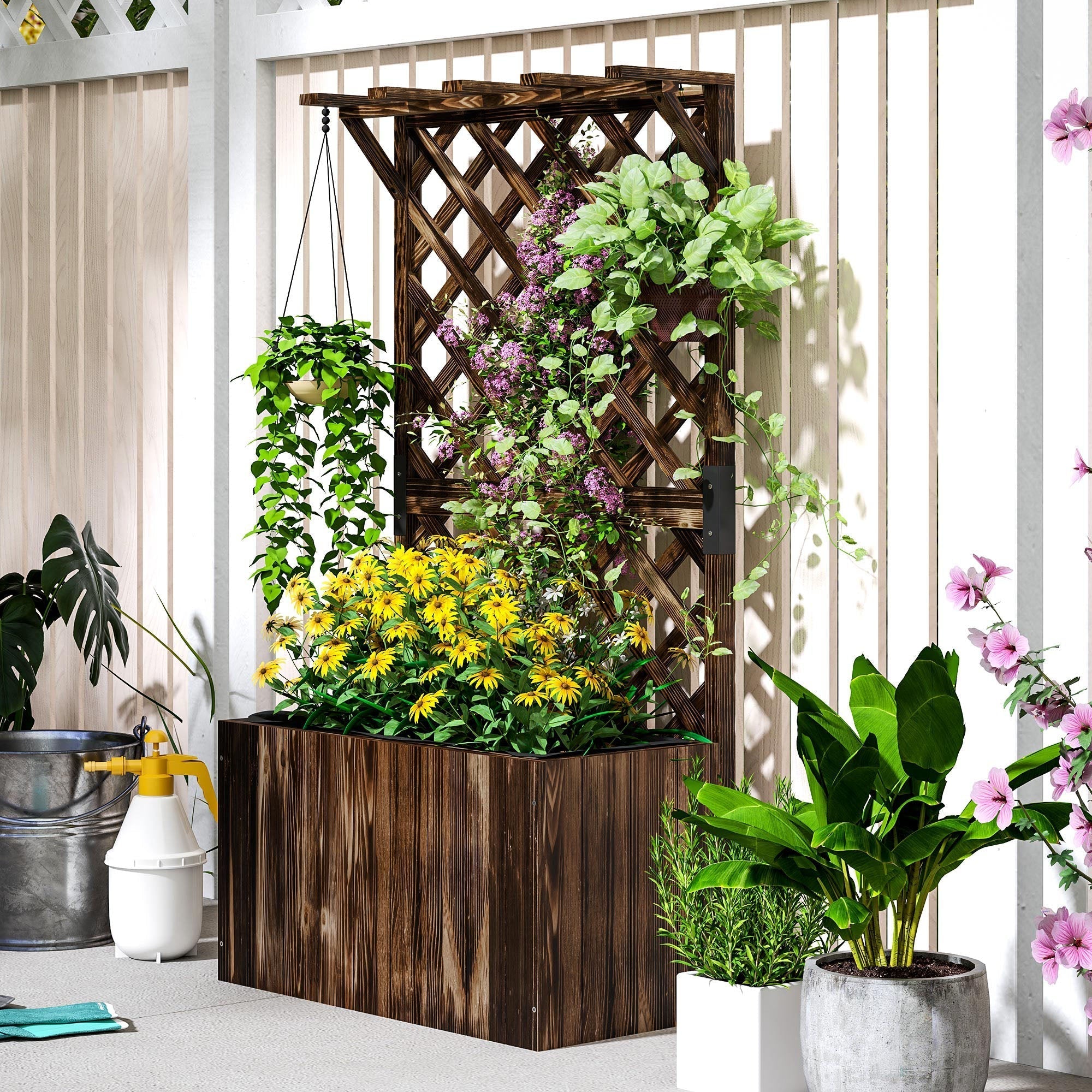 Outsunny wooden planter in dark brown with vertical slats and hanging greenery features drainage holes for garden bed use