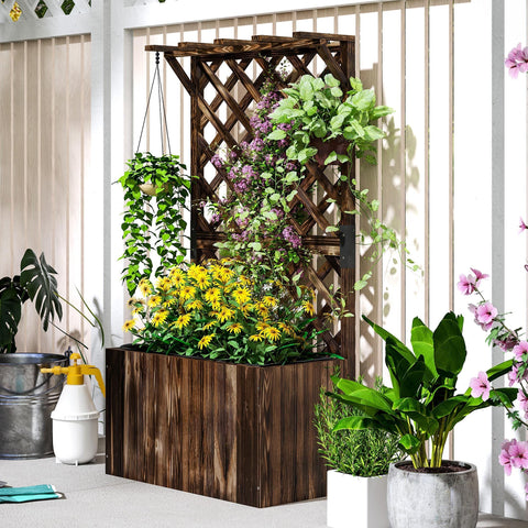 Outsunny wooden planter in dark brown with vertical slats and hanging greenery features drainage holes for garden bed use