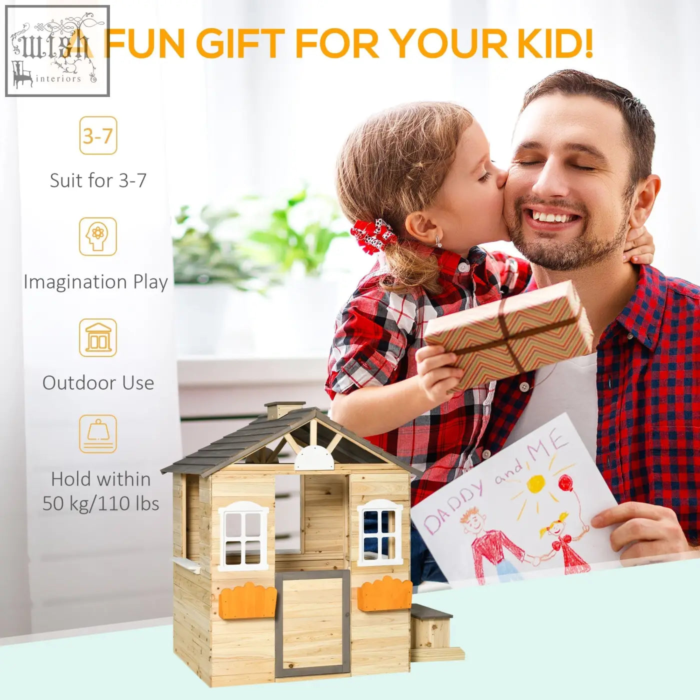 Outsunny wooden playhouse made of fir wood with dark gray roof, white frames, orange accents, and small attached shed for kids