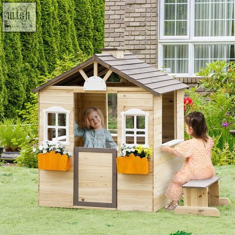 A light fir wood outsunny wooden playhouse for kids with dark roof white frames and orange flower boxes