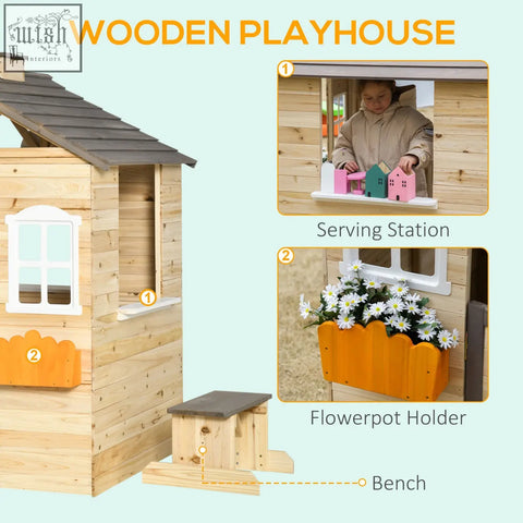 Light-colored fir wood outsunny wooden playhouse with gray roof white window frame and orange flowerpot holder for kids