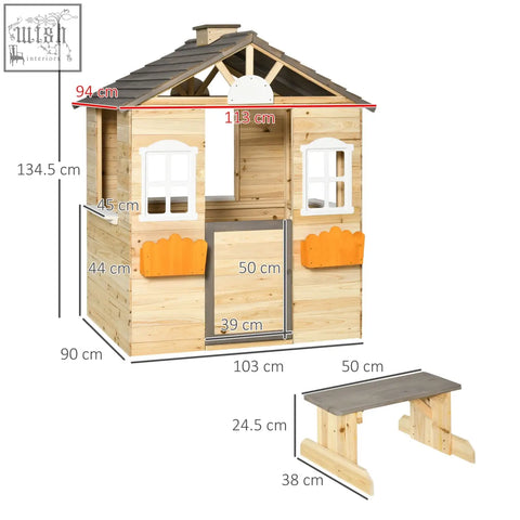 A charming outsunny wooden playhouse for kids with fir wood build white windows orange accents and dark gray roof