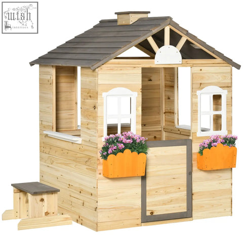 A charming outsunny wooden playhouse for kids made of fir wood with gray roof white windows and orange flower boxes