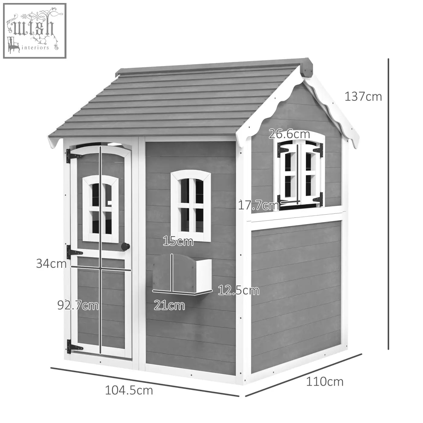 Gray and white plastic kids playhouse with inside flooring plant box front door and arched windows for gardens
