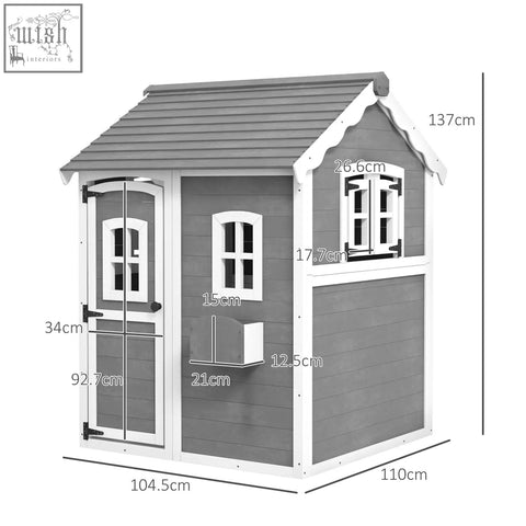 Gray and white plastic kids playhouse with inside flooring plant box front door and arched windows for gardens