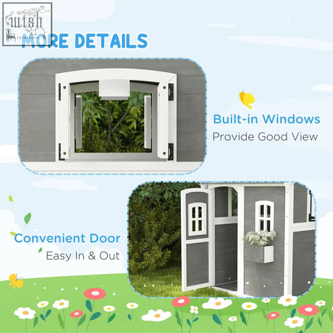 Gray and white outsunny wooden kids playhouse with plant box built-in windows door and inside flooring for gardens