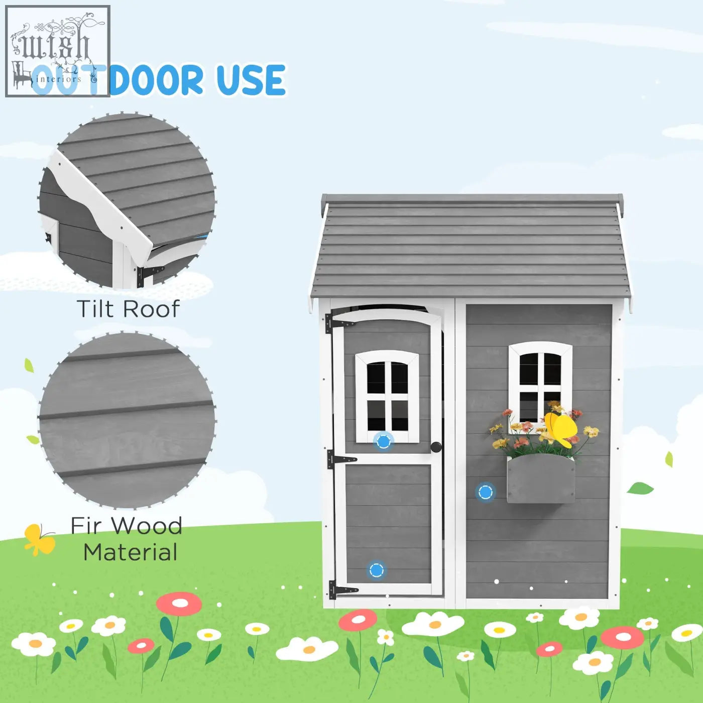 Gray fir wood kids playhouse with white trim tilt roof plant box and inside flooring for gardens and patios