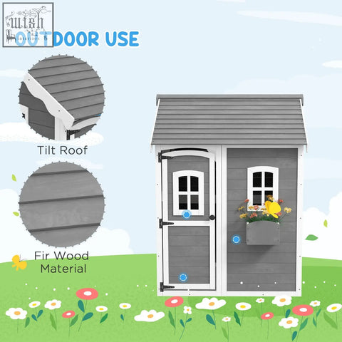 Gray fir wood kids playhouse with white trim tilt roof plant box and inside flooring for gardens and patios