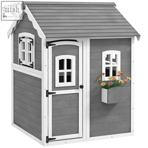 Gray and white plastic kids playhouse with plant box decorative windows slanted roof and inside flooring for ages 3-8
