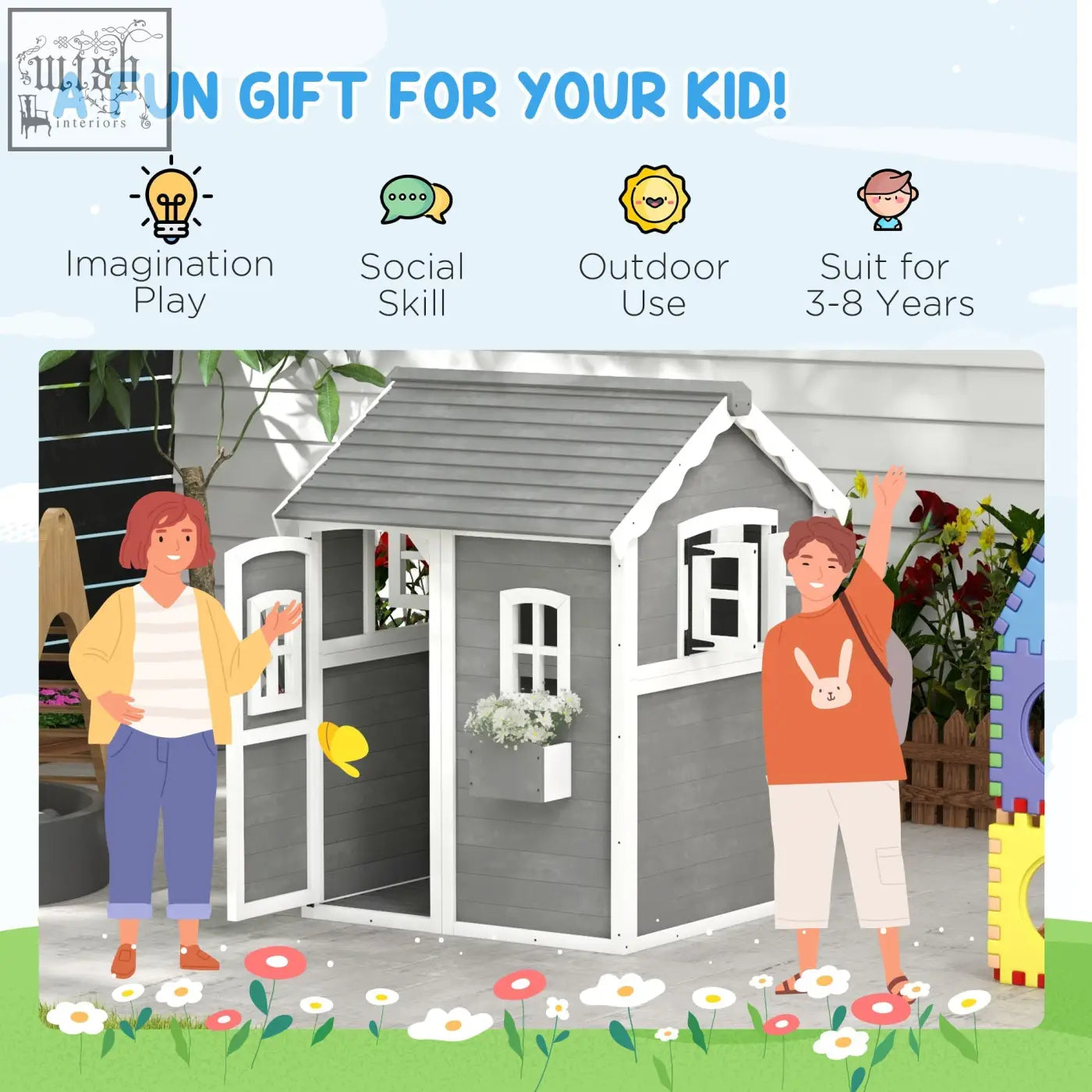 Gray and white wooden kids playhouse with sloped roof small windows plant box and inside flooring for gardens