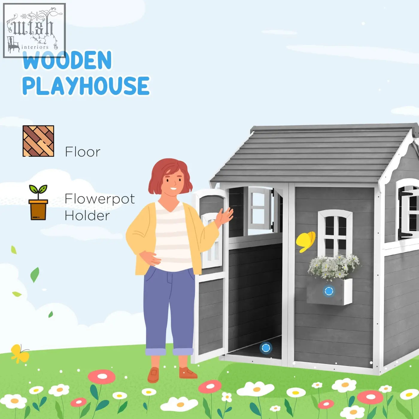 Gray wooden kids playhouse with white trim and plant box showing inside flooring for gardens and patios