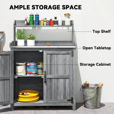 Gray wooden potting bench table with aluminium worktop, top shelf, and cabinet storage for outdoor gardening use