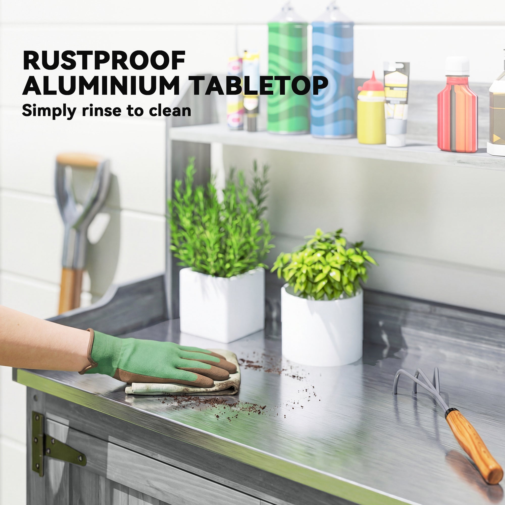 Outsunny wooden potting bench table with rustproof aluminum tabletop and sleek metallic finish for outdoor gardening
