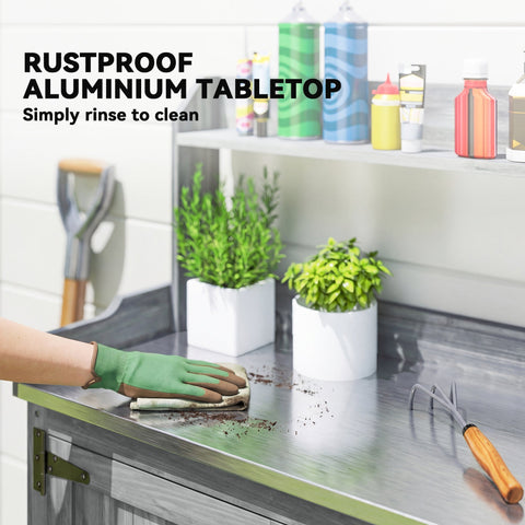 Outsunny wooden potting bench table with rustproof aluminum tabletop and sleek metallic finish for outdoor gardening