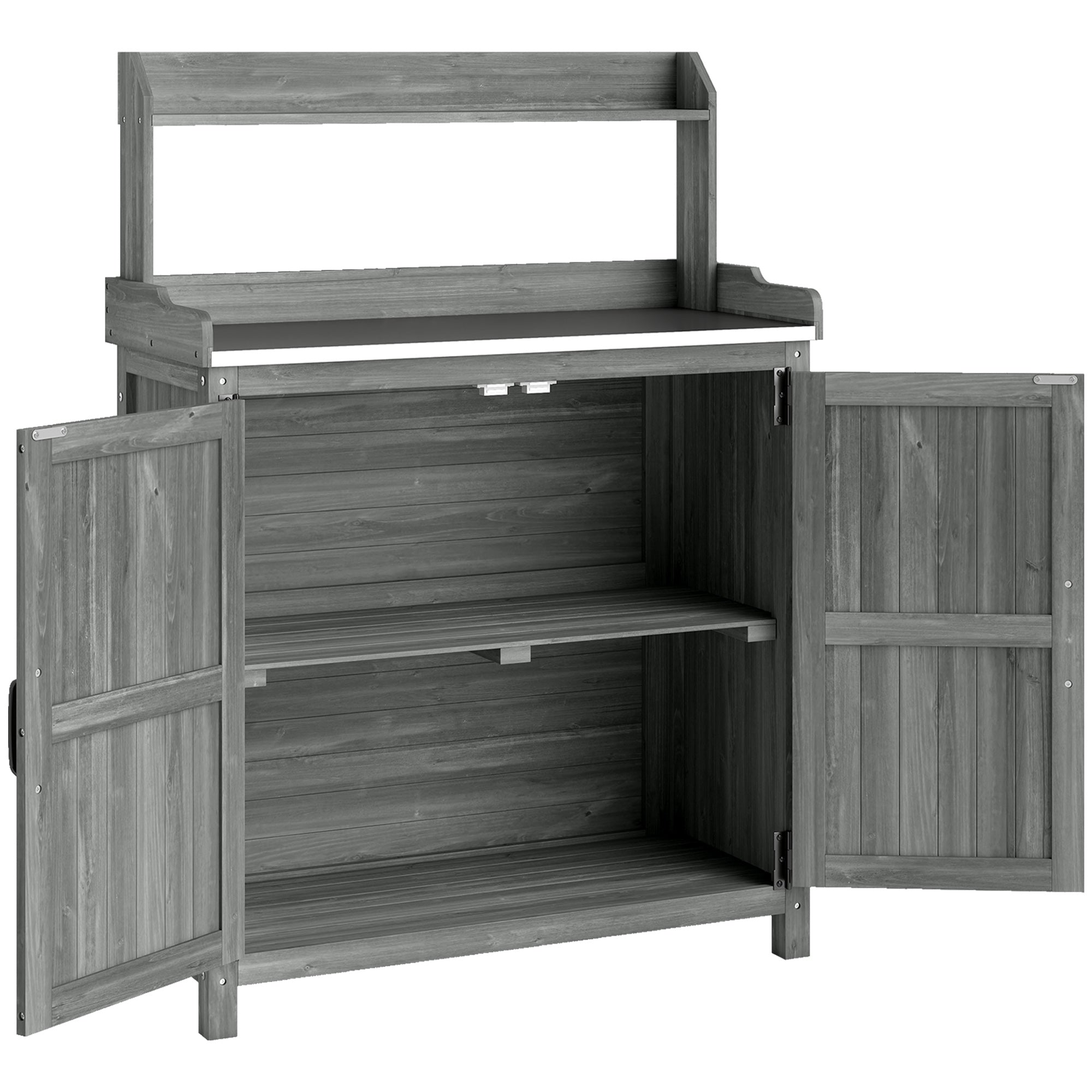 Gray wooden potting bench table with two open doors and top shelf outdoor garden workbench with water-based paint finish