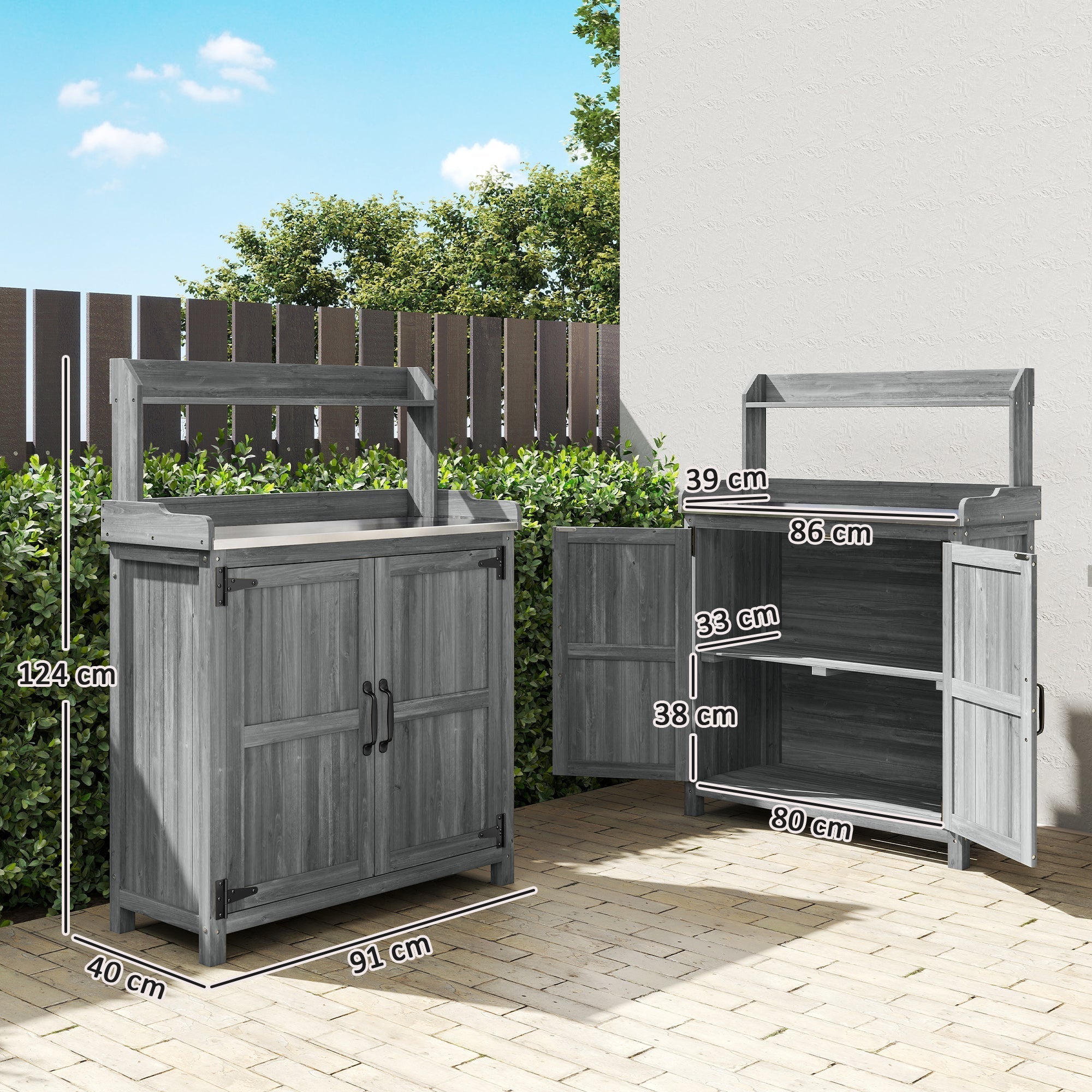 Gray wooden potting bench table with double doors and aluminum worktop for outdoor garden use with top shelf storage